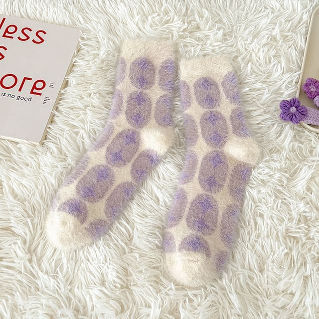 Patterned Fluffy Short Socks Set - 2 Pairs - Oval - Purple