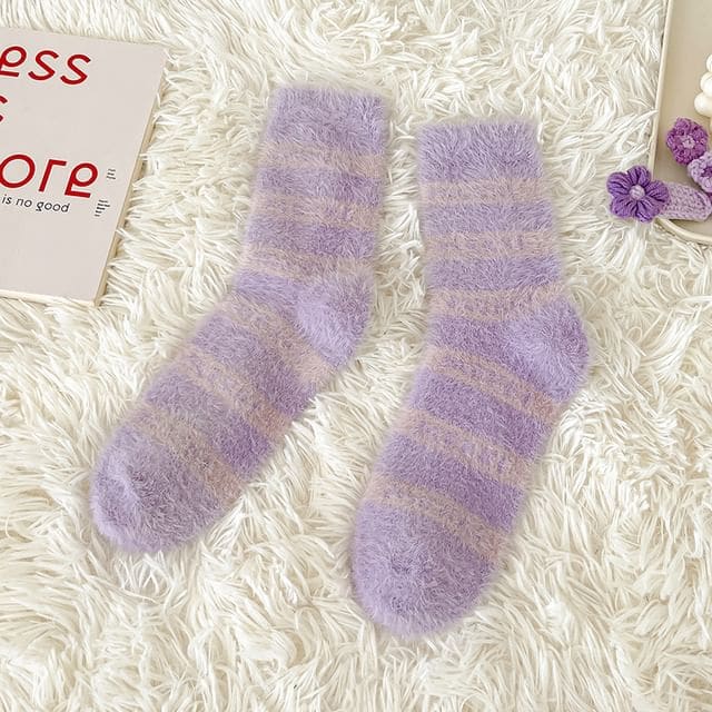 Patterned Fluffy Short Socks Set - 2 Pairs - Stripes