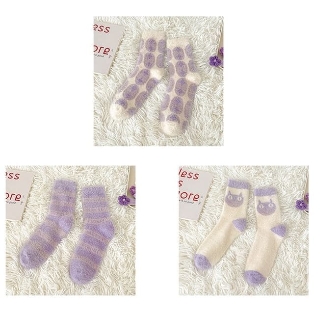 Patterned Fluffy Short Socks Set - 3 Pairs - Oval & Stripes