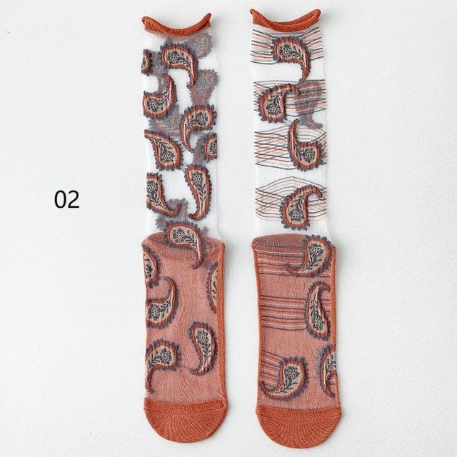 Patterned Mesh Short Socks - 02 - Orange / One Size