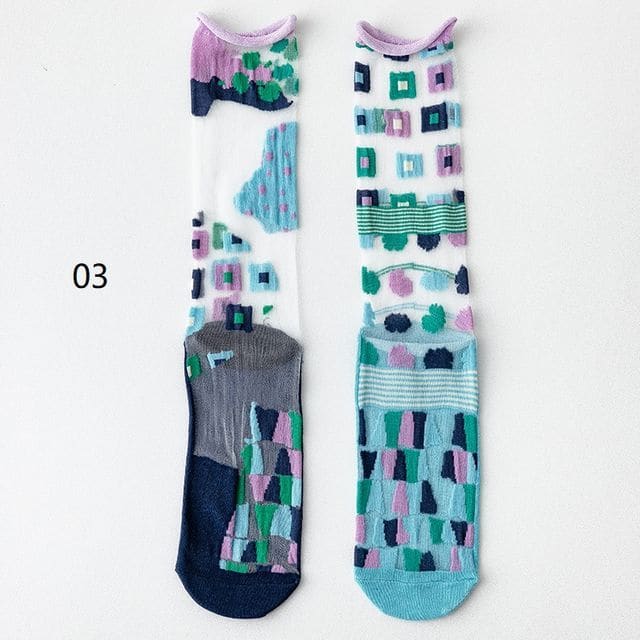 Patterned Mesh Short Socks - 03 - Blue & Purple / One Size