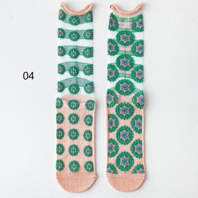 Patterned Mesh Short Socks - 04 - Pink & Green / One Size