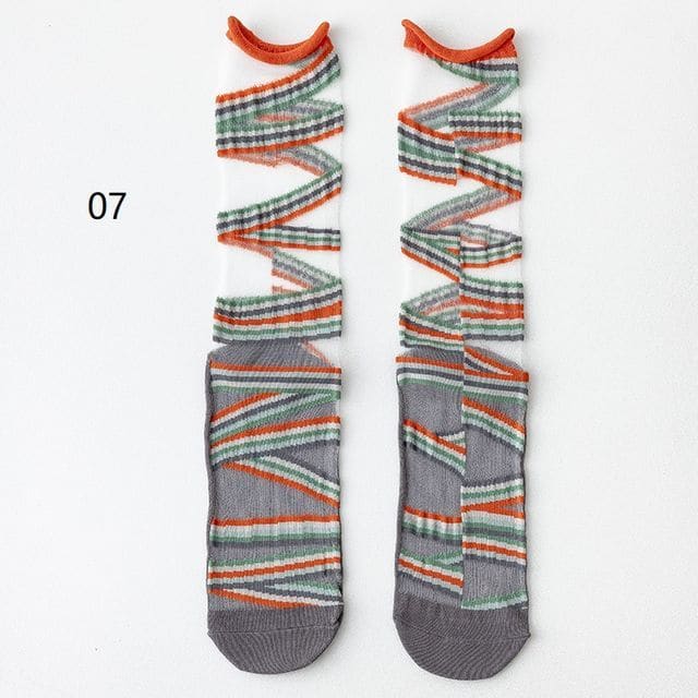 Patterned Mesh Short Socks - 07 - Gray & Orange / One Size