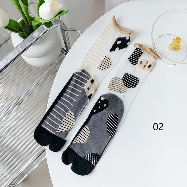 Patterned Mesh Tabi Short Socks - 02 - Gray & Black / 35