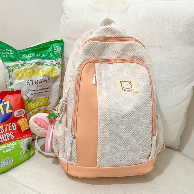 Patterned Paneled Backpack / Peach Charm / Set - With Peach