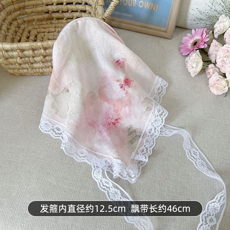 Patterned Print Lace Trim Headscarf - Floral - White