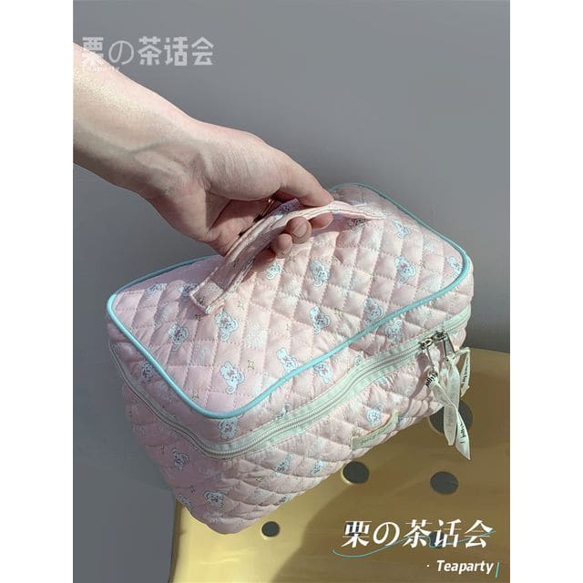 Patterned Quilted Makeup Pouch - Rabbit - Pink / One Size