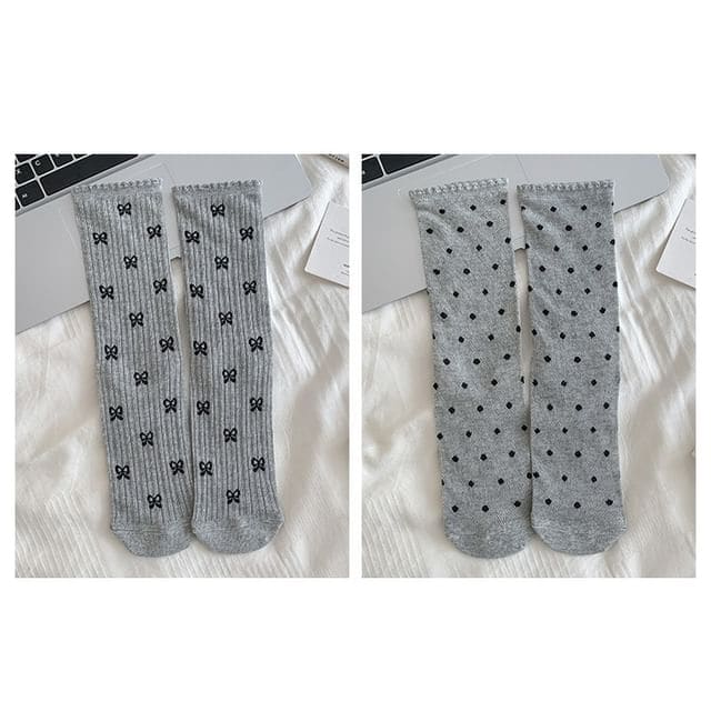 Patterned Socks / Set - Set Of 2 Pairs - Bow & Dots - Gray