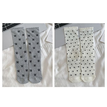 Patterned Socks / Set - Set Of 2 Pairs - Bow & Dots - Gray