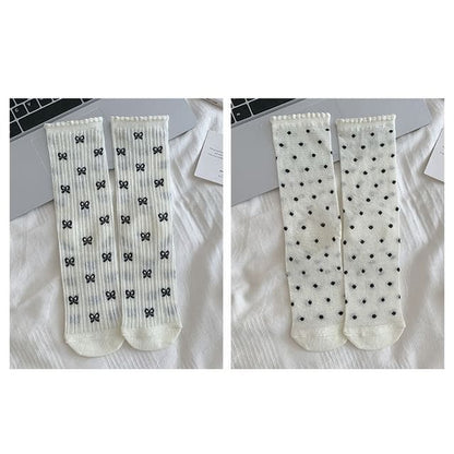 Patterned Socks / Set - Set Of 2 Pairs - Bow & Dots - White