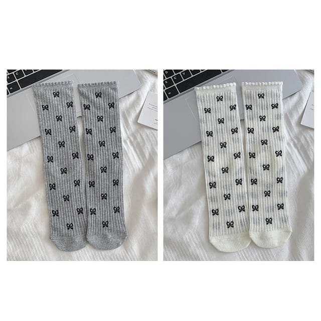 Patterned Socks / Set - Set Of 2 Pairs - Bow - Gray & White