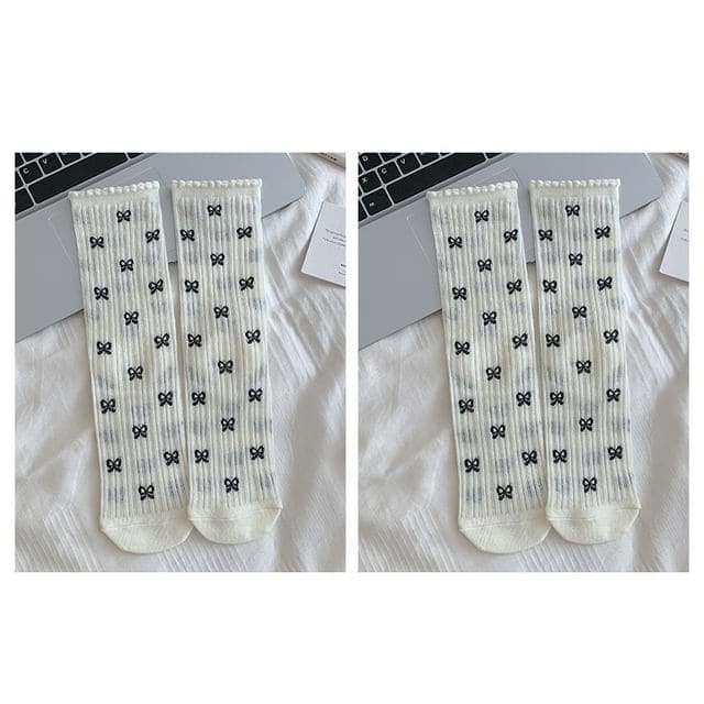 Patterned Socks / Set - Set Of 2 Pairs - Bow - White