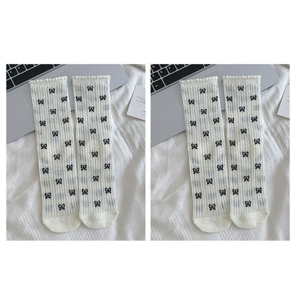 Patterned Socks / Set - Set Of 2 Pairs - Bow - White