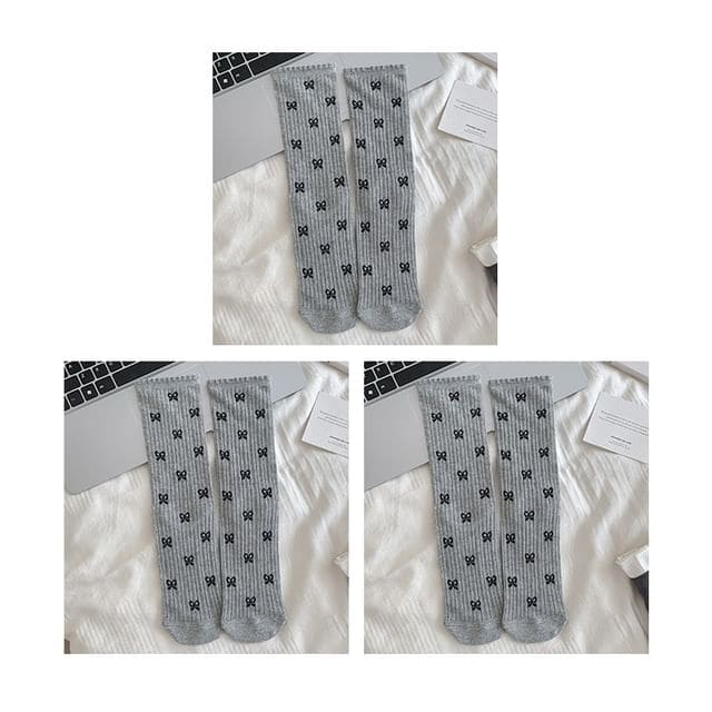 Patterned Socks / Set - Set Of 3 Pairs - Bow - Gray