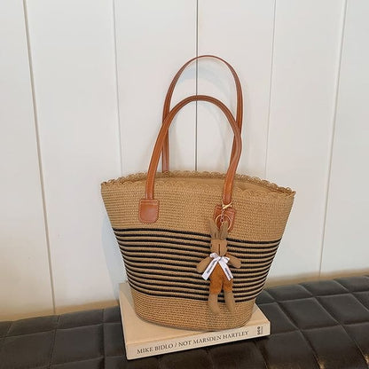 Patterned Straw Tote Bag / Bag Charm / Set - Tote Bag