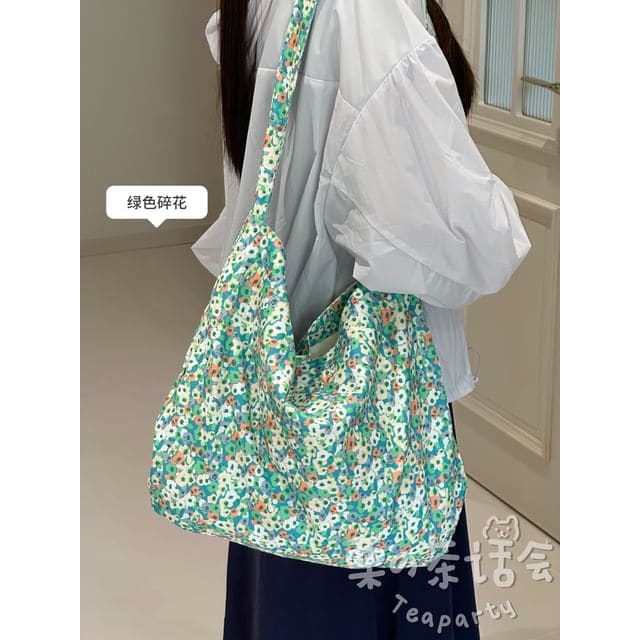 Patterned Tote Bag / Bag Charm / Set - Floral - Green &