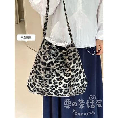 Patterned Tote Bag / Bag Charm / Set - Leopard - Black &