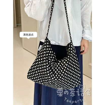 Patterned Tote Bag / Bag Charm / Set - White Dot - Black