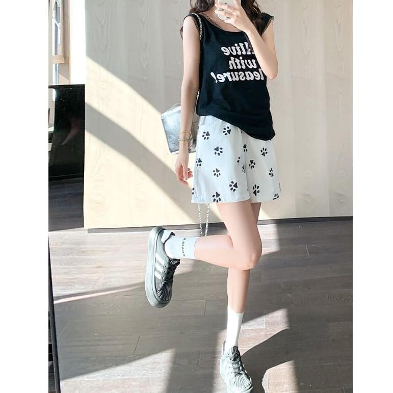 Paw Print High Waist Wide Leg Shorts