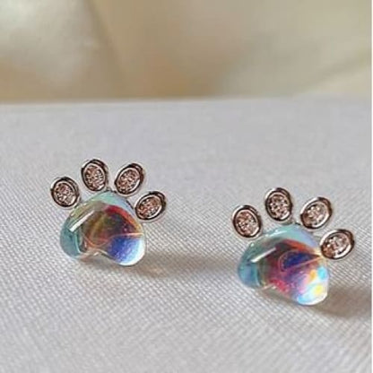 Paw Rhinestone Gemstone Ear Stud - 1 Pair - Silver