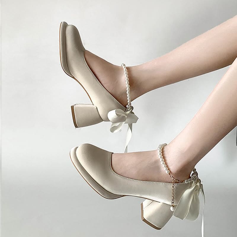 Pearl Buckle Thick Heel Mary Jane Shoes