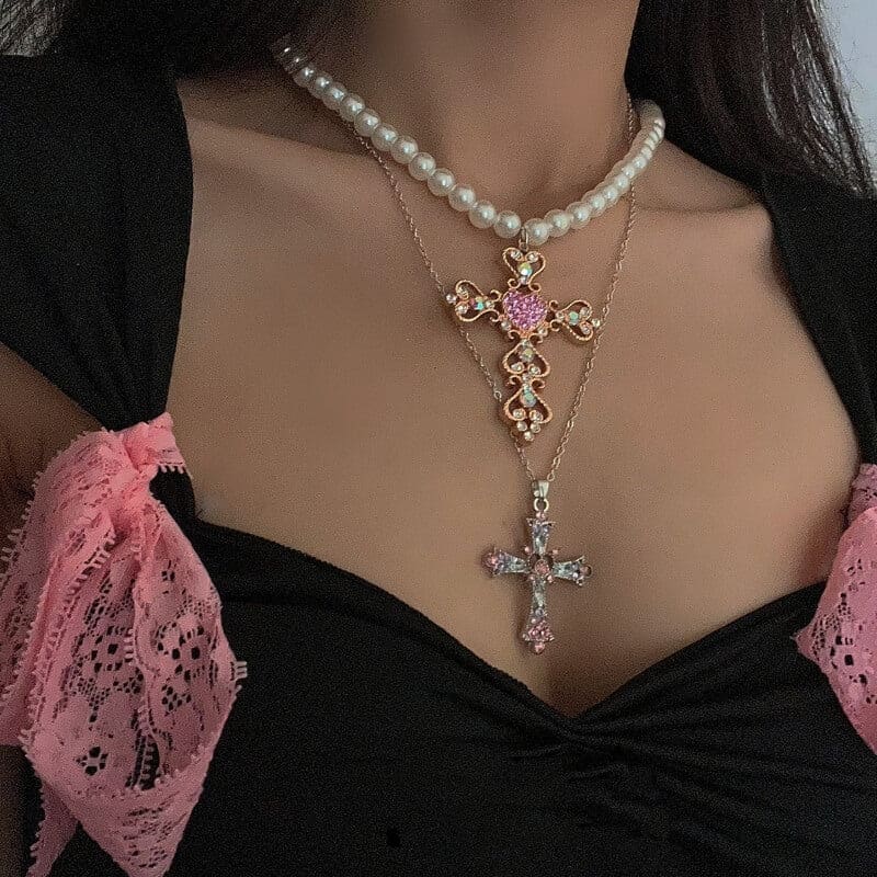 Pearl Cross Diamond Necklace SpreePicky