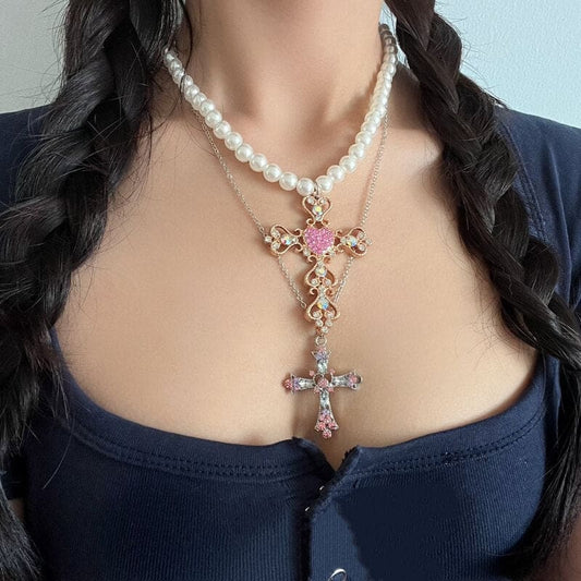 Pearl Cross Diamond Necklace SpreePicky