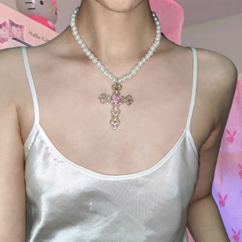 Pearl Cross Diamond Necklace SpreePicky