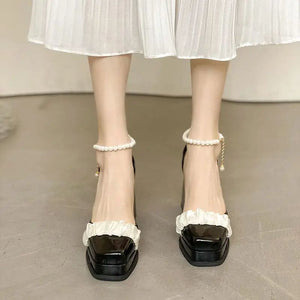 Kawaii Aesthetic Y2K Cute Fairy Pearl Square Toe Mary Jane Lolita Shoes MK Kawaii Store