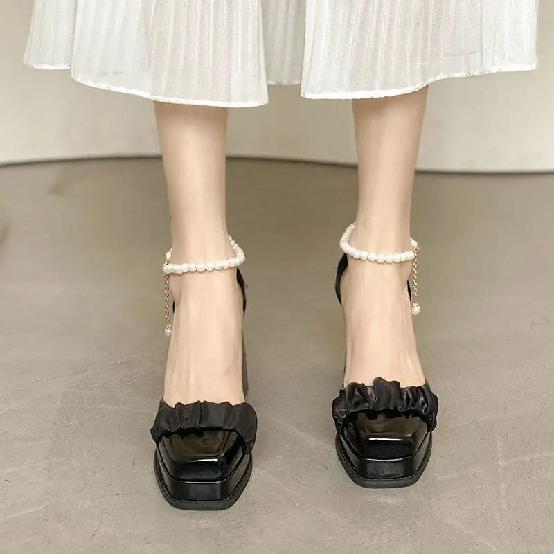 Kawaii Aesthetic Y2K Cute Fairy Pearl Square Toe Mary Jane Lolita Shoes MK Kawaii Store