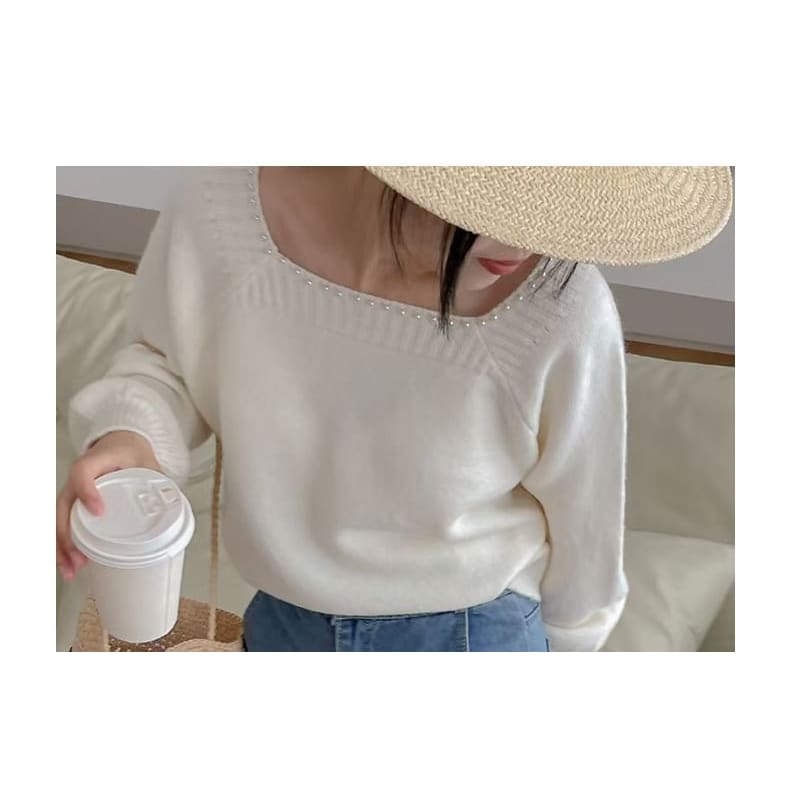 Pearl-Trim Square-Neck Loose Sweater in 5 Colors