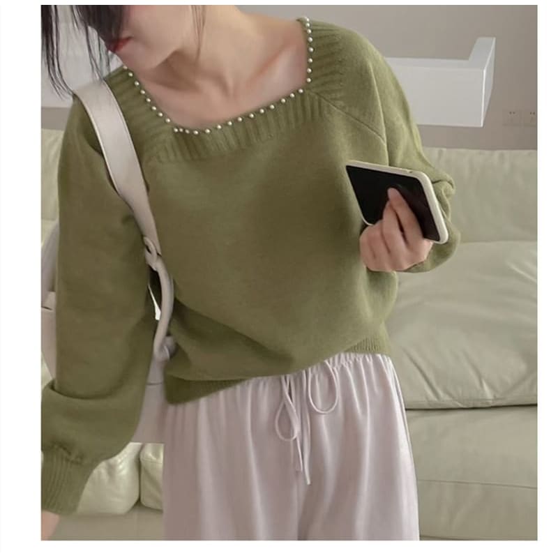 Pearl-Trim Square-Neck Loose Sweater in 5 Colors