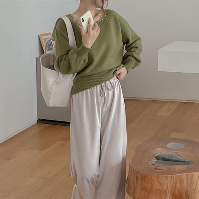 Pearl-Trim Square-Neck Loose Sweater in 5 Colors