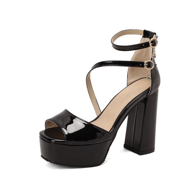 Peep Toe Platform Chunky Heel Sandals - Black / 34