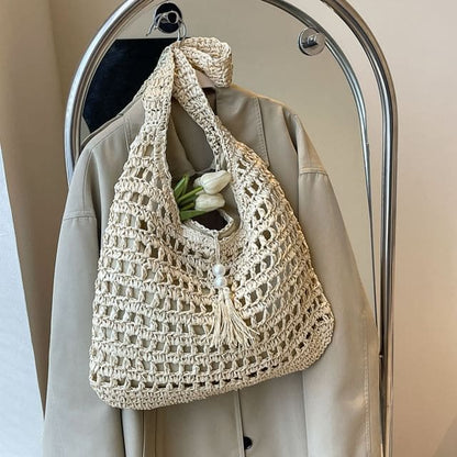 Perforated Tasseled Plain Tote Bag - Off-White / One Size