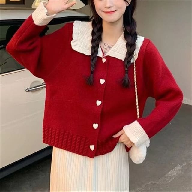 Peter Pan-Collar Soft Cardigan - Red / One SIze