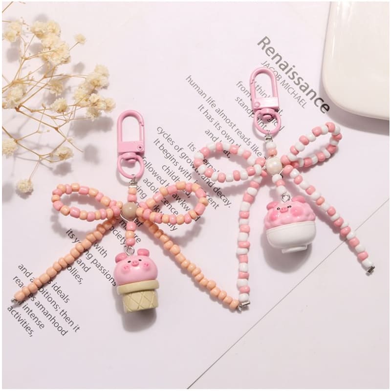 Pig Bow Bead Resin Bag Charm Keyring (Various Designs)