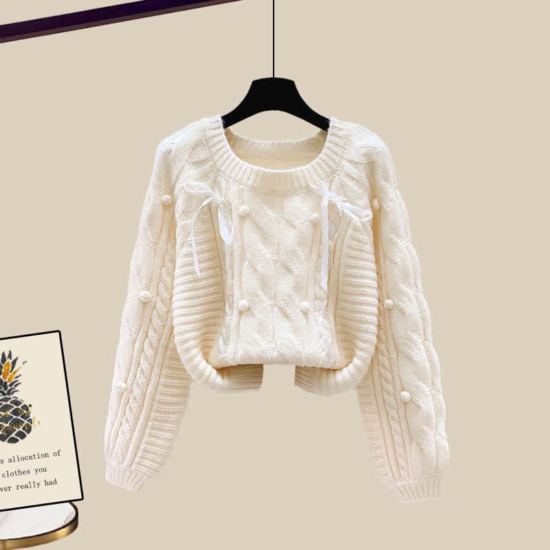 Pills Decor Cable Knit Sweater Skirt Set - Apricot Sweater