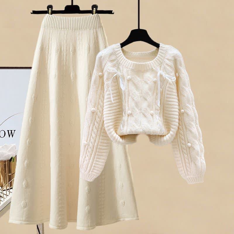 Pills Decor Cable Knit Sweater Skirt Set - Apricot Sweater