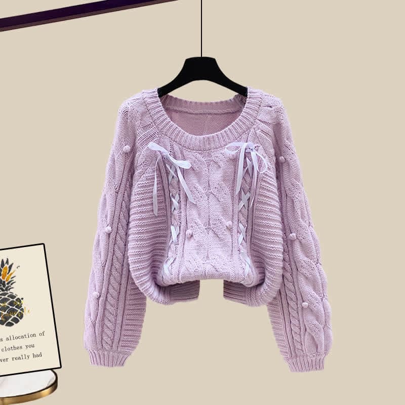 Pills Decor Cable Knit Sweater Skirt Set - Purple Sweater