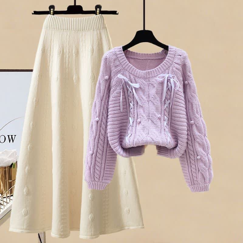 Pills Decor Cable Knit Sweater Skirt Set - Purple Sweater