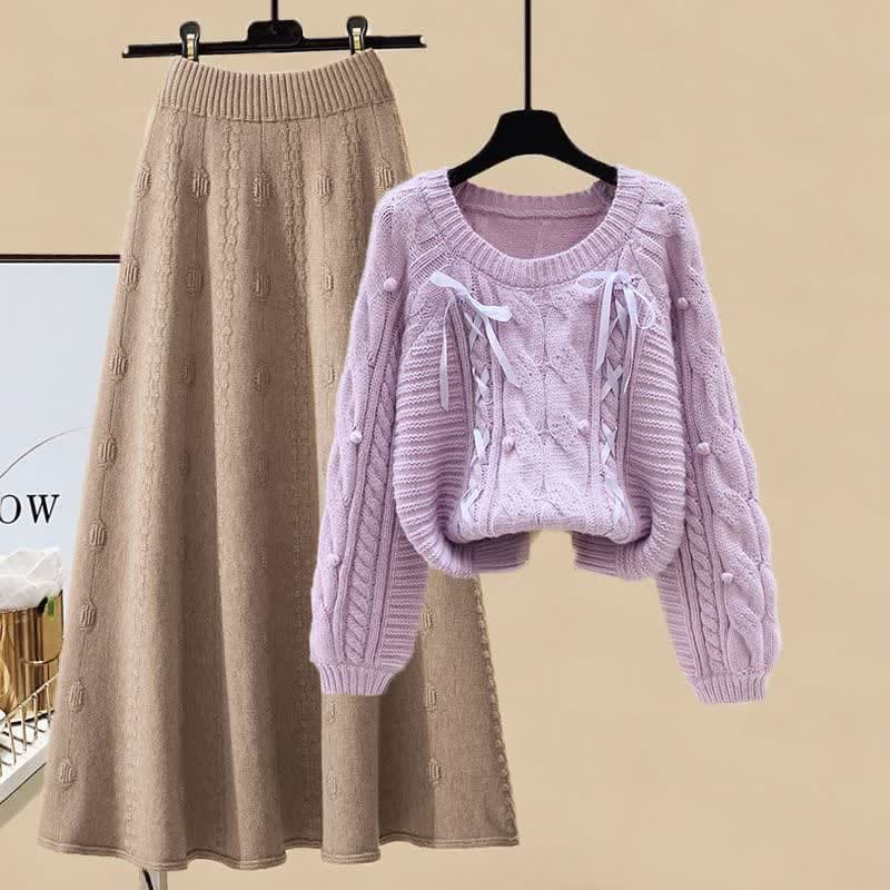 Pills Decor Cable Knit Sweater Skirt Set - Purple Sweater