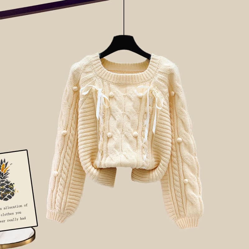 Pills Decor Cable Knit Sweater Skirt Set - Yellow Sweater