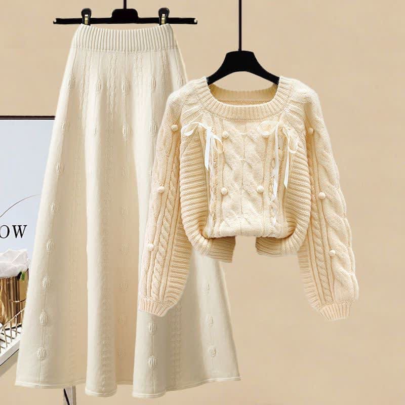 Pills Decor Cable Knit Sweater Skirt Set - Yellow Sweater