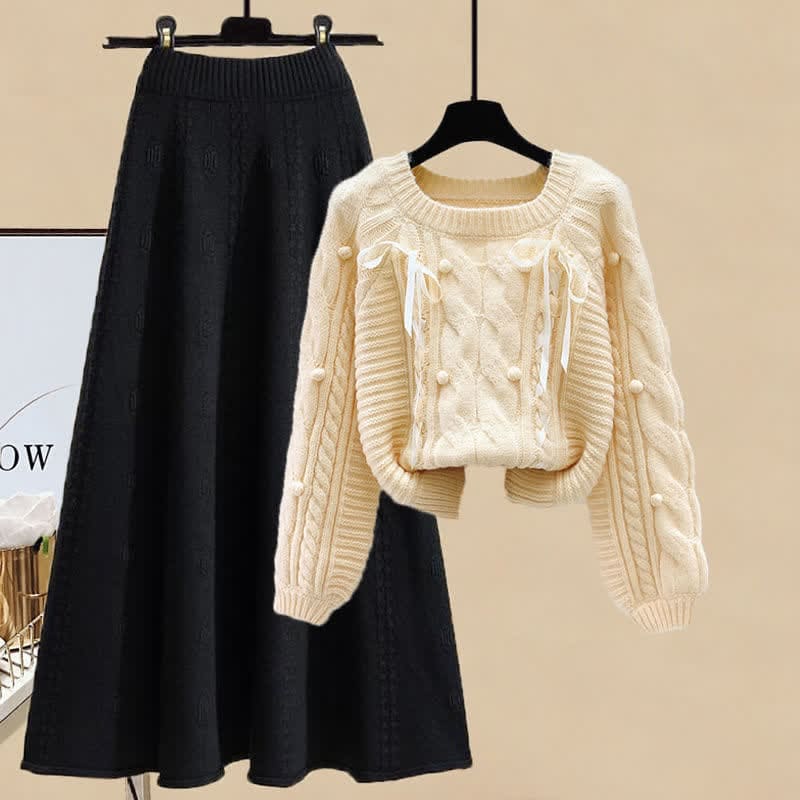 Pills Decor Cable Knit Sweater Skirt Set - Yellow Sweater