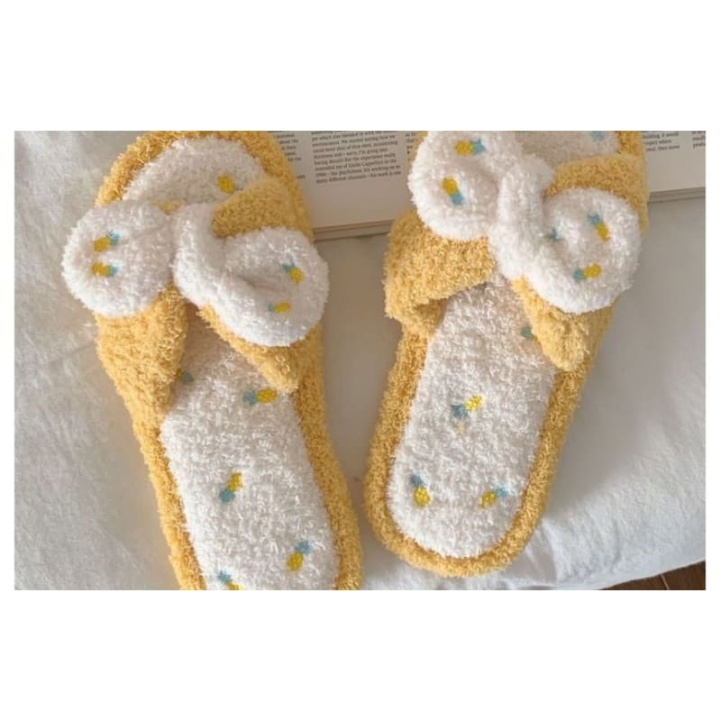 Pineapple Embroidered Fluffy Bow Slippers