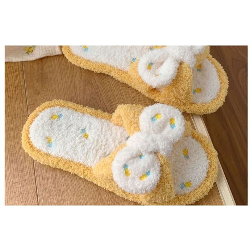 Pineapple Embroidered Fluffy Bow Slippers