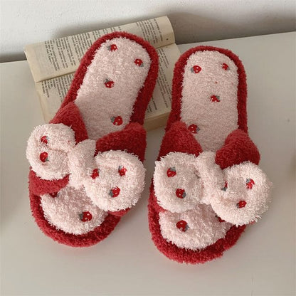 Pineapple Embroidered Fluffy Bow Slippers - Strawberry