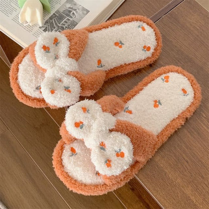 Pineapple Embroidered Fluffy Bow Slippers - Tangerine