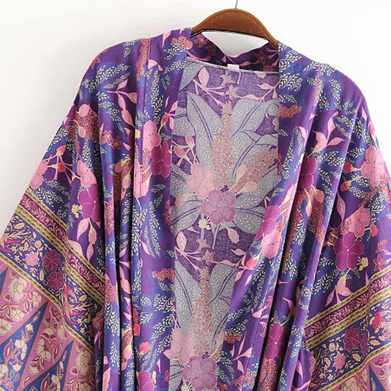 Pink Beach Flower Print Belt Robe Cardigan Outerwear